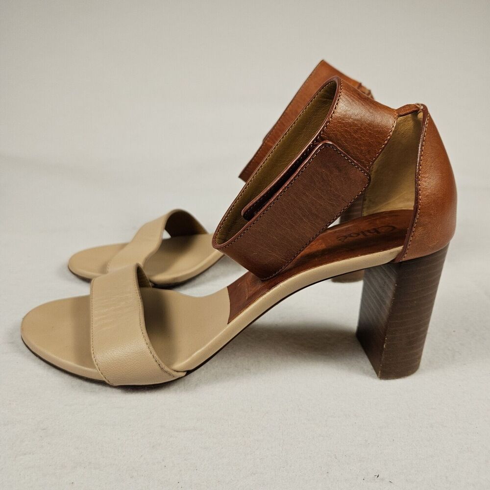 Chloe Gala Sandals 37.5 Block Heels Open Toe Ankle Strap Brown Nude Designer 7.5